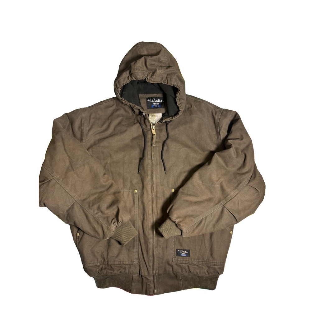 Walls Workwear Jacket Mens XL Brown Duck Canvas Fleece Lined Hooded Full Zip Y2K
